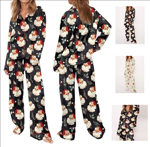 Satin Pajamas for Women Set Long Sleeve Button Down Christmas Sleepwear